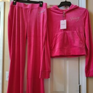 Juicy Couture Velour Vixen Pink Tracksuit 2 Pc Set Hoodie & Pants Size M Medium